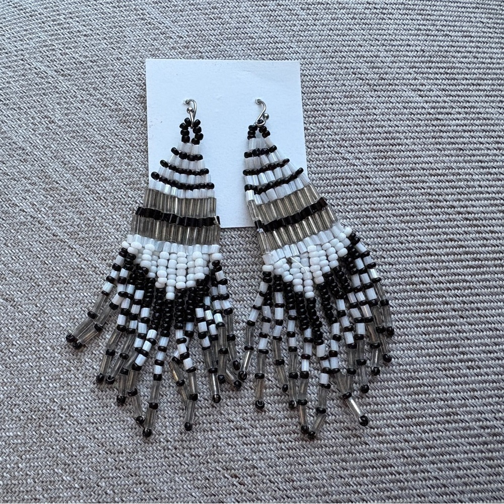 Handmade Beaded Earrings Artisan Black White Silver NEW